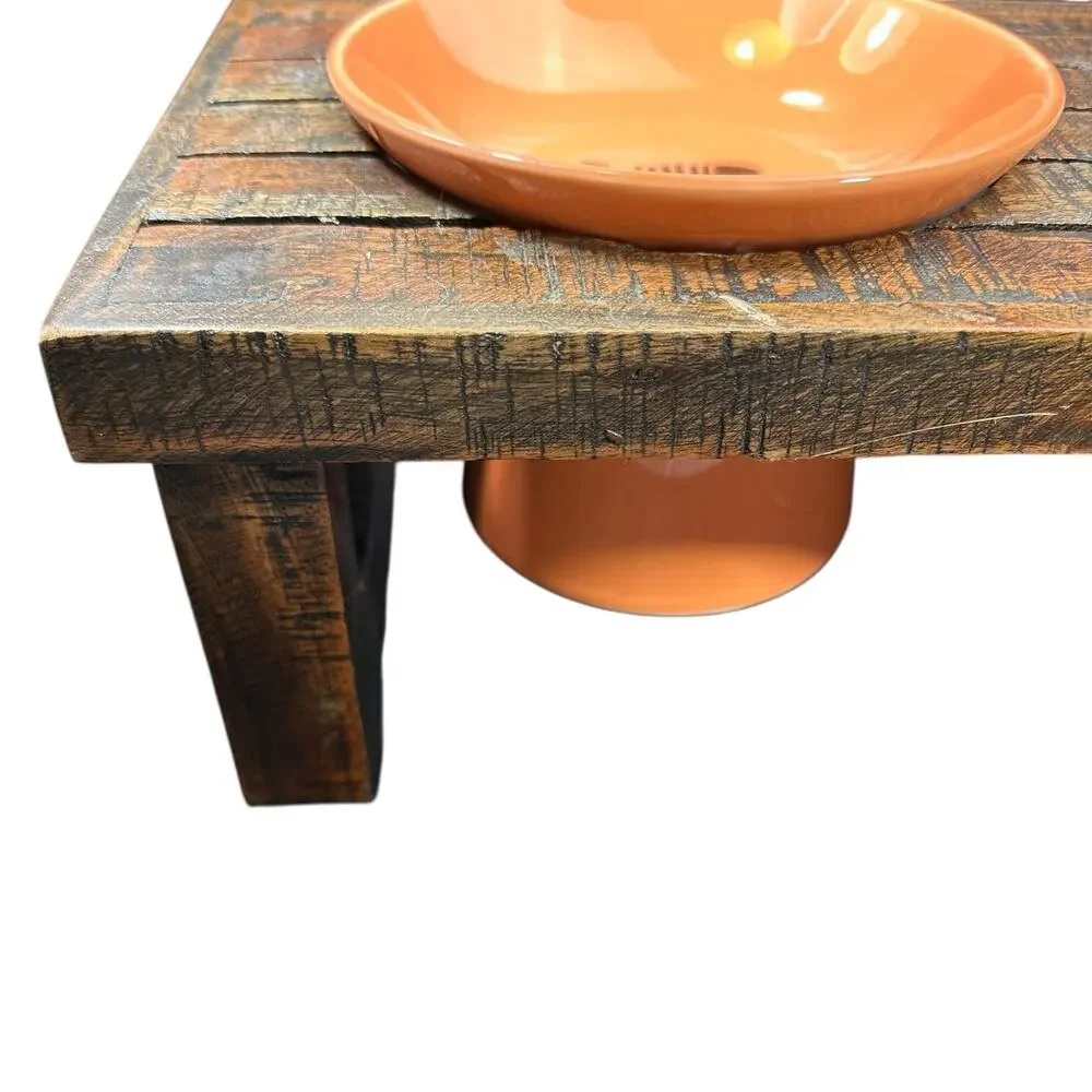 Rustic Wood Elevated Pet Feeder Farmhouse Country Style Cat Dog Feeder 17x8x6